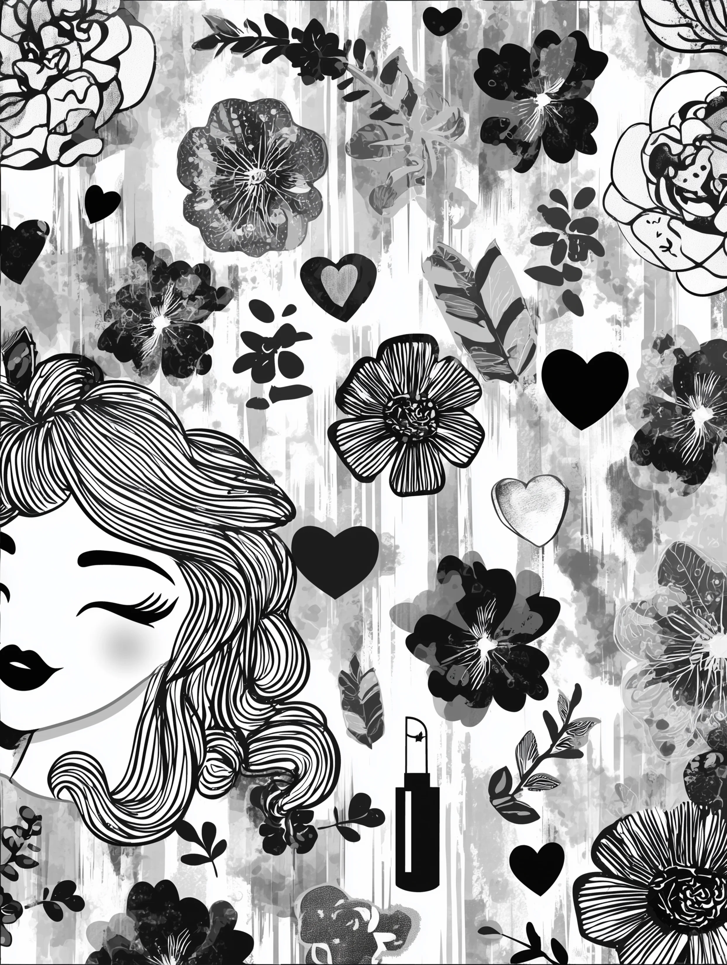 Free printable makeup coloring page for adults featuring doodle-style lines and makeup